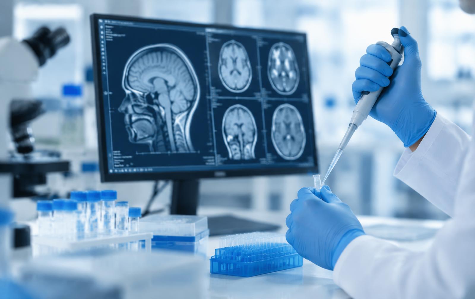 Scientist working with samples beside brain MRI scans