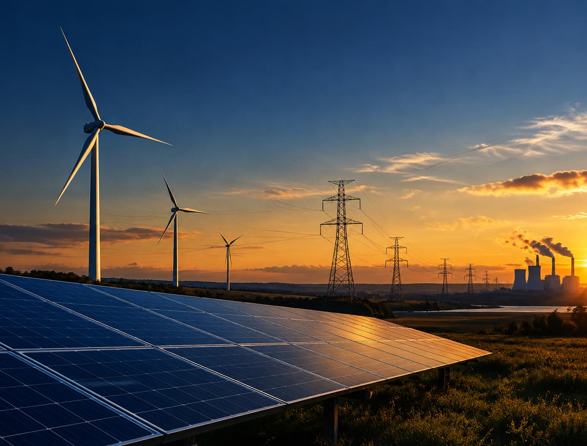 Solar panels, wind turbines and transmission towers at dusk