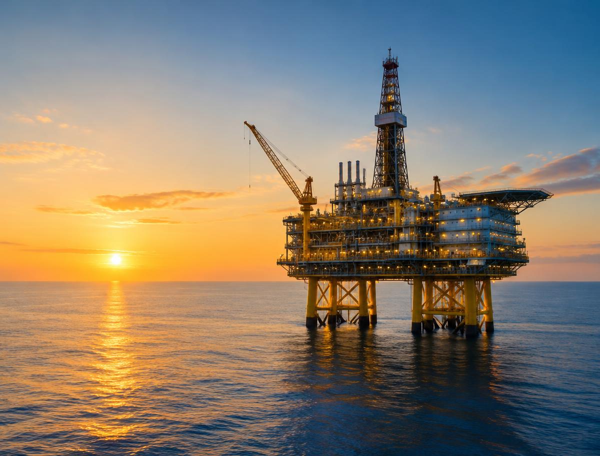 Offshore oil and gas platform at sunset